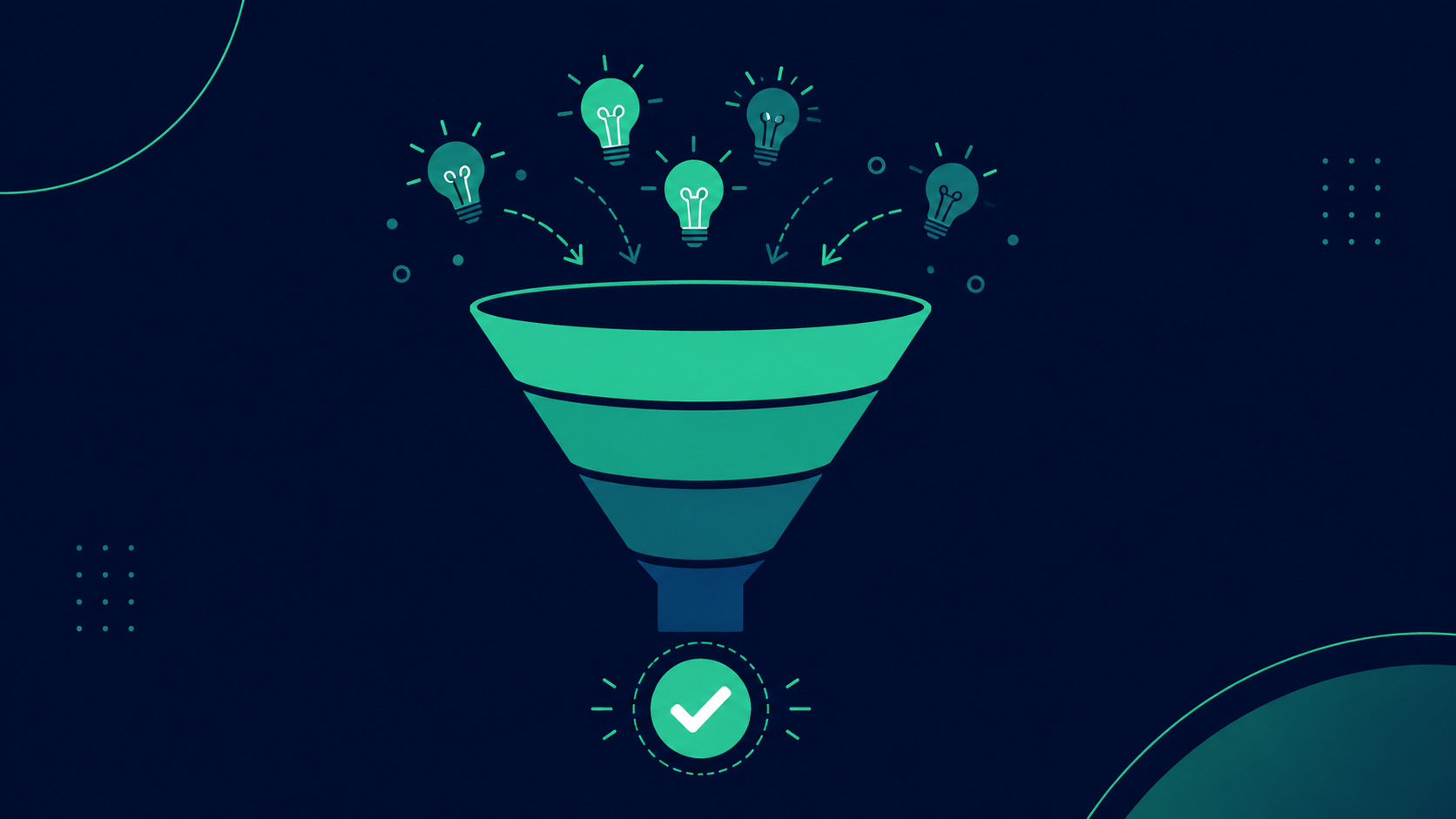 Funnel illustration showing startup idea validation narrowing to one confirmed direction