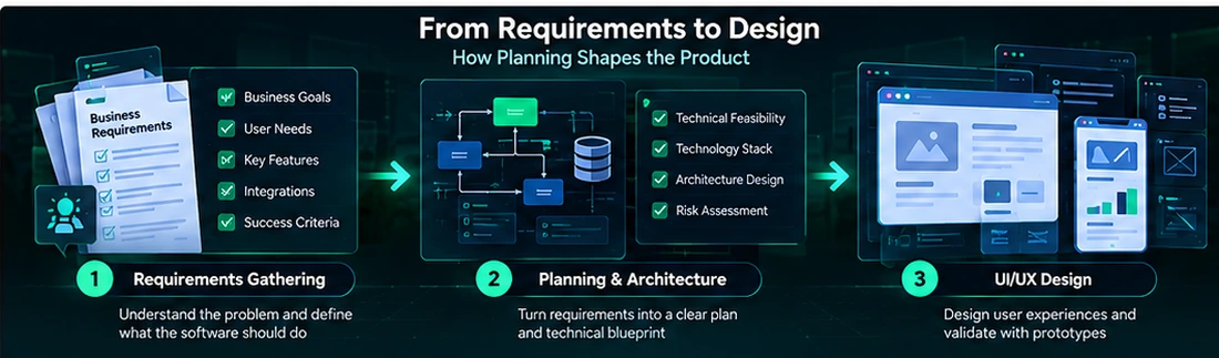 Business requirements flowing into software planning, technical architecture, wireframes, and user interface design.