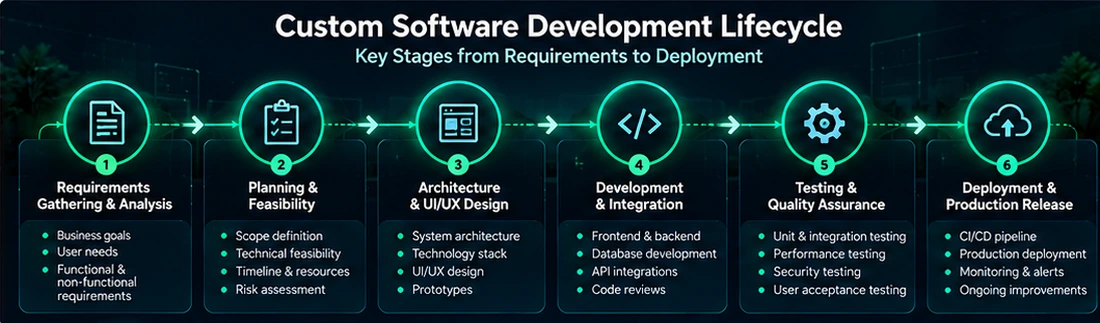 Six stages of custom software development, from requirements gathering and planning to architecture, coding, testing, and deployment.