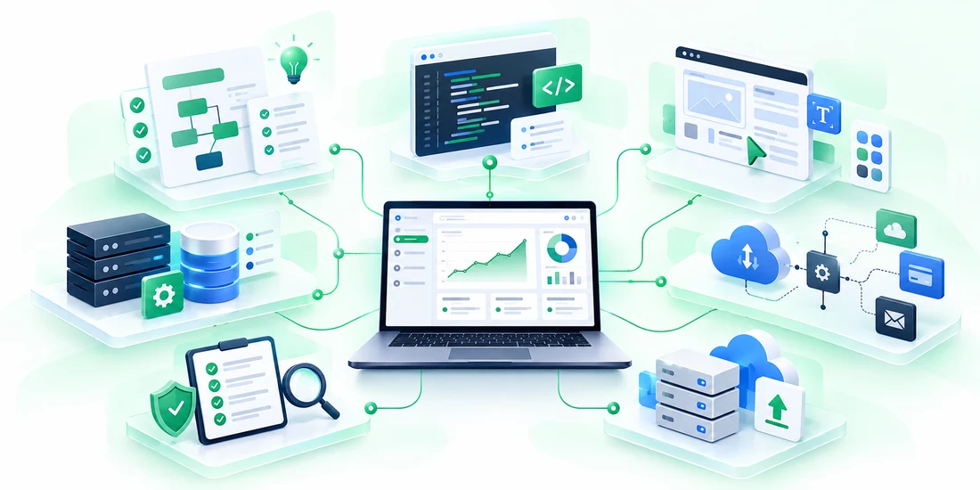 MVP software cost workstreams illustrated as interconnected design, development, infrastructure and testing modules