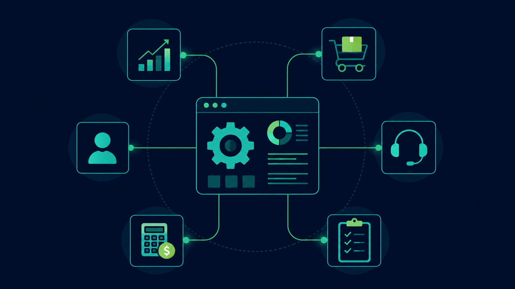 Illustration showing multiple business functions connected through one centralized software system