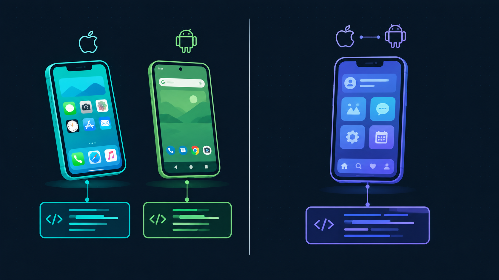 Native app development with two separate platform codebases on the left versus cross-platform with one shared codebase on the right