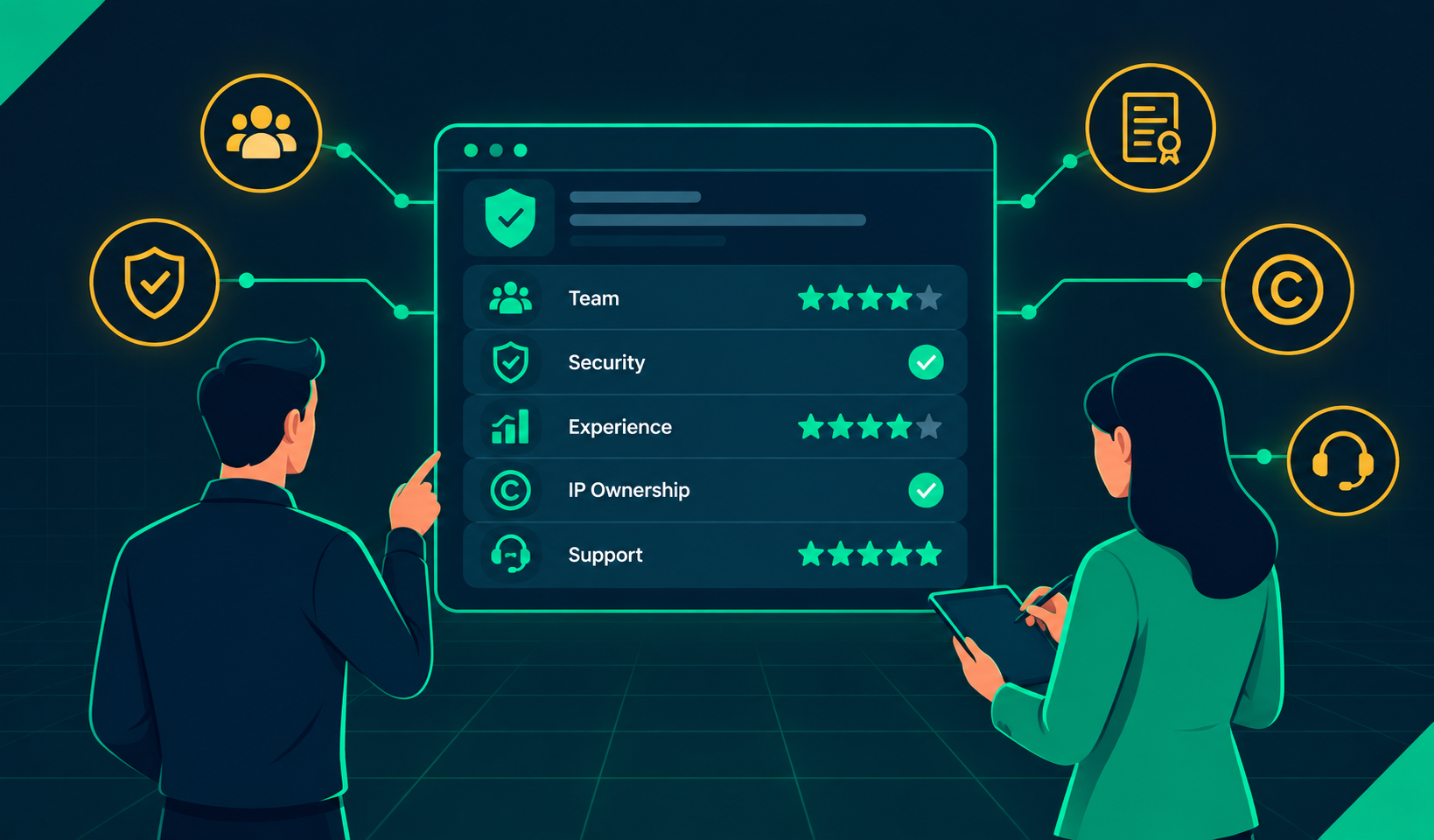 Illustrated vendor scorecard showing evaluation criteria for comparing SaaS development companies