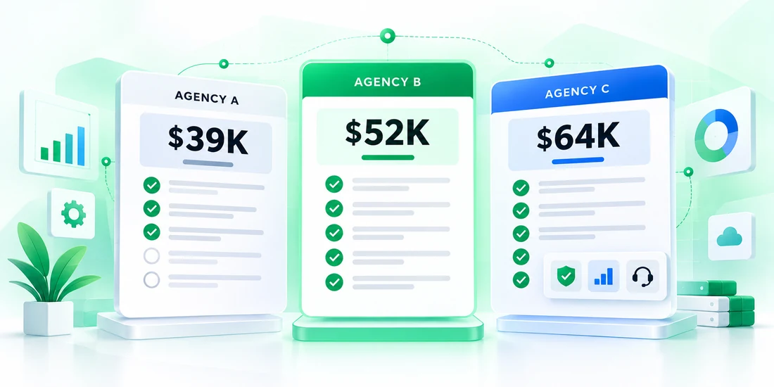 Three fictional agency MVP quotes compared at $39K, $52K and $64K