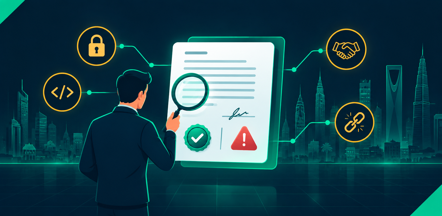 Illustrated checklist of red flags to watch for when evaluating a SaaS development company before signing a contract

