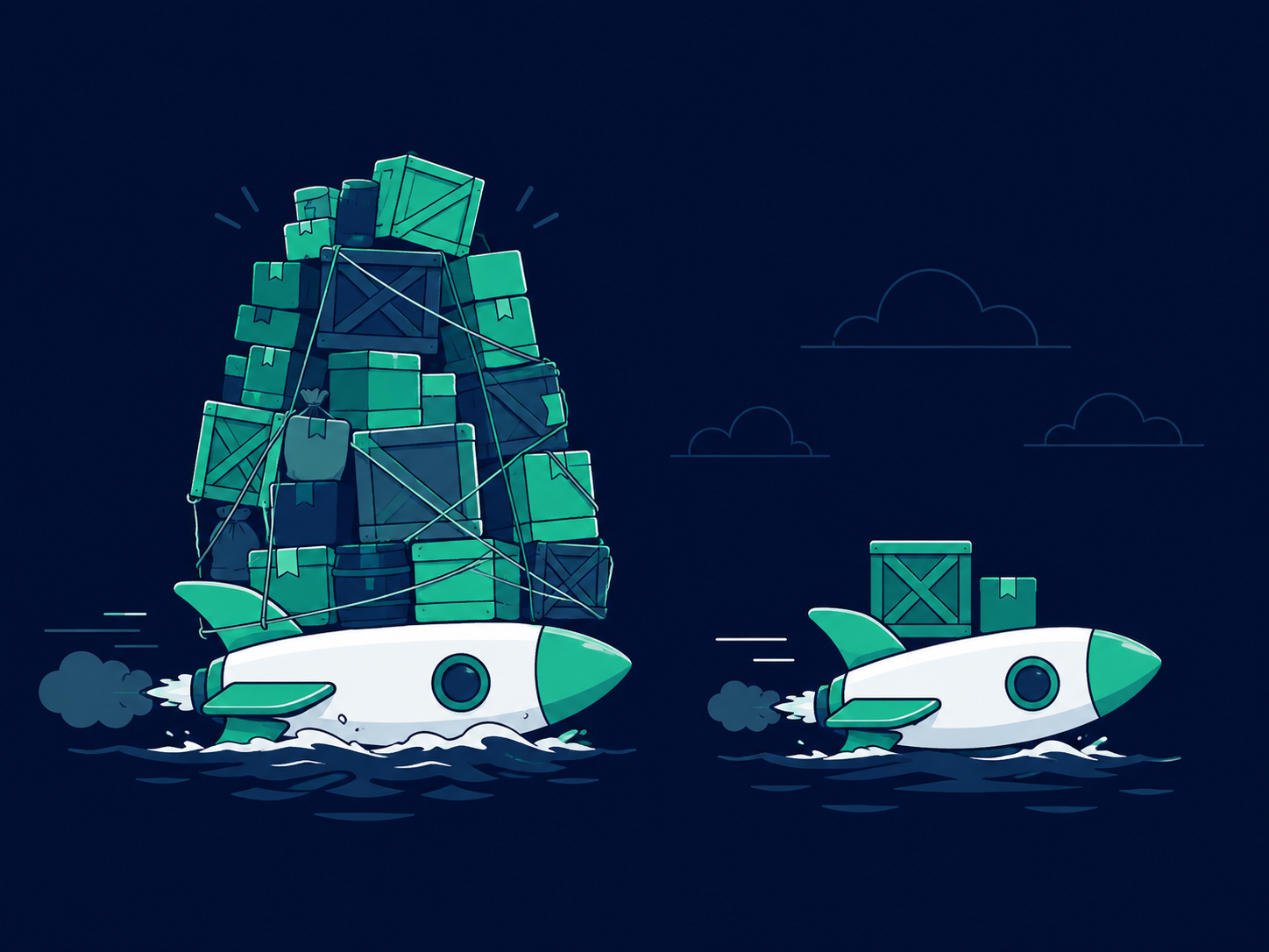 Illustration contrasting an overloaded MVP with too many features against a minimal, focused build