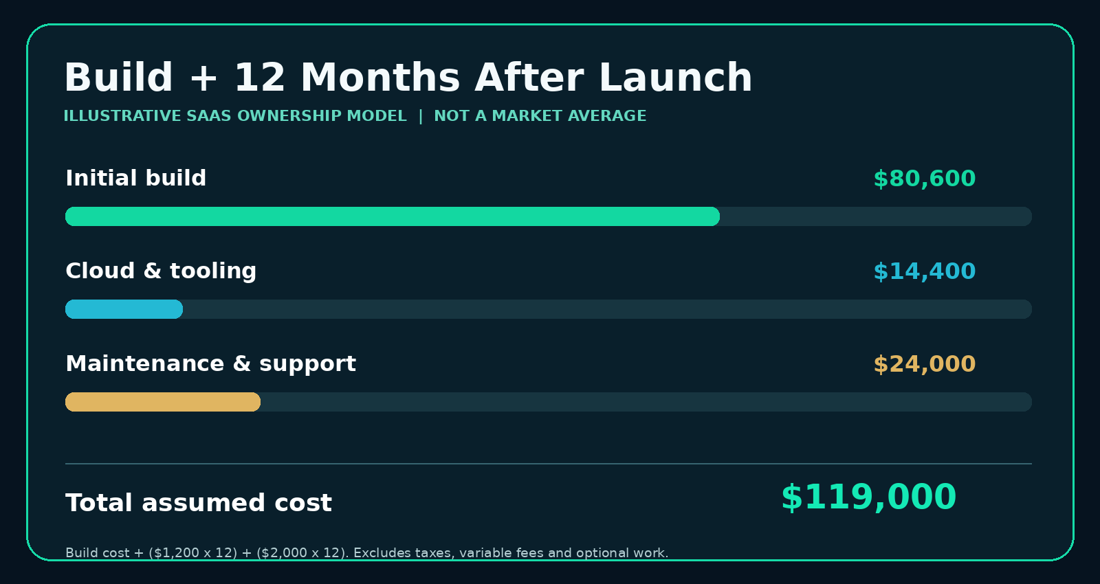 Bar diagram: $80,600 build, $14,400 cloud and tooling, and $24,000 maintenance; total $119,000.
