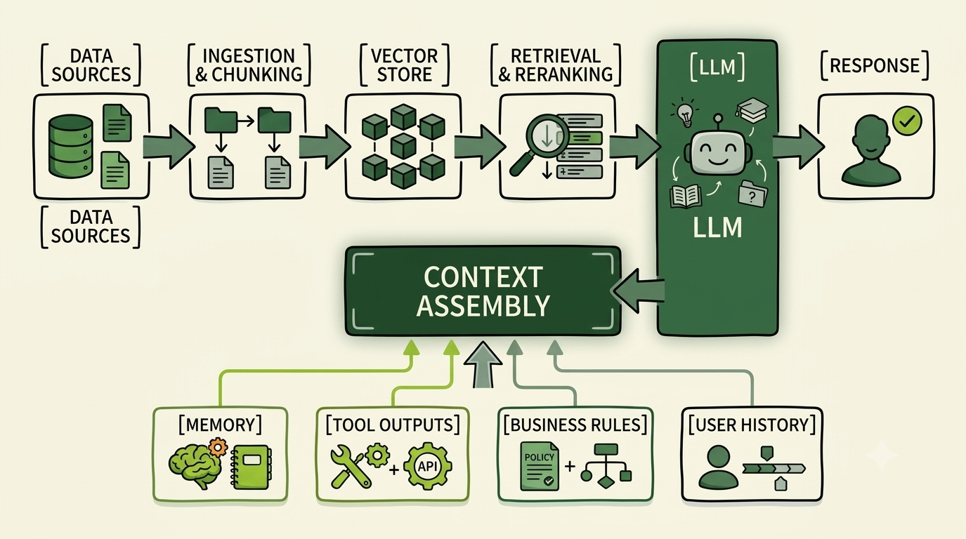 This diagram details the full Enterprise RAG system flow, emphasizing how the central Context Assembly layer integrates inputs from memory, tools, and user history before reaching the LLM.