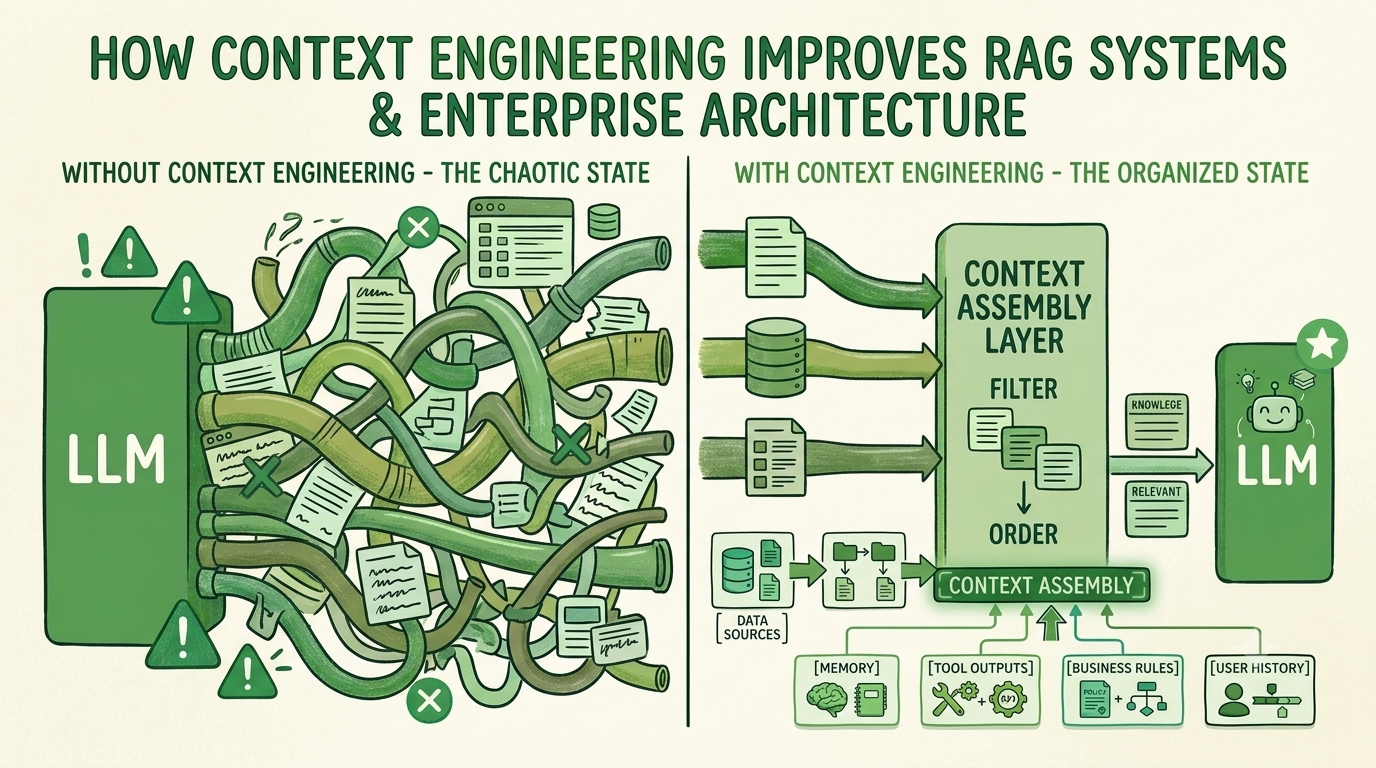 In-article 1 (IMAGE_2): Placement: Inside "How Context Engineering Improves RAG Systems" section, after the "Managing Context Size" subsection Prompt: Split-screen comparison diagram. Left panel labeled "Without Context Engineering" shows a chaotic tangle of data streams flooding into an LLM box, with red warning indicators. Right panel labeled "With Context Engineering" shows the same data streams passing through a clean filtering and ordering layer before reaching the LLM, with green check indicators. Flat design, white background, blue and coral accents. Alt text: Comparison of RAG system output with and without context engineering layer In-article 2 (IMAGE_3): Placement: Inside "How to Build a Context-Aware RAG System" section, after the "Design Context Assembly" subsection Prompt: Top-down architectural diagram of an enterprise RAG system. Shows six labeled boxes connected by directional arrows: Data Sources → Ingestion & Chunking → Vector Store → Retrieval & Reranking → Context Assembly (highlighted, larger box) → LLM → Response. Below the Context Assembly box, smaller boxes feed in: Memory, Tool Outputs, Business Rules, User History. Clean line-art style, light grey background, indigo primary color. Alt text: Enterprise RAG system architecture diagram showing context assembly combining retrieval, memory, tools, and business rules