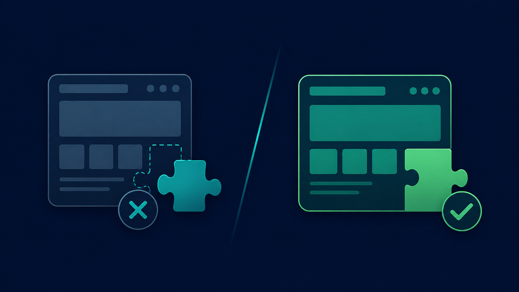 
 Illustration contrasting a generic software template that doesn't fit against a custom-built solution