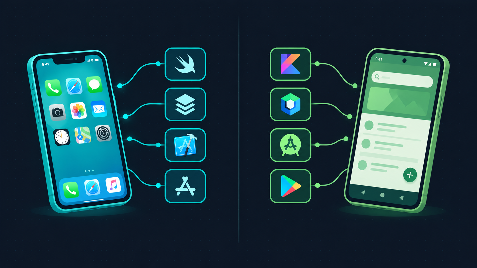 iOS development stack showing Swift SwiftUI Xcode and App Store mirrored by Android stack showing Kotlin Jetpack Compose Android Studio and Google Play In-article 2 give me the second image