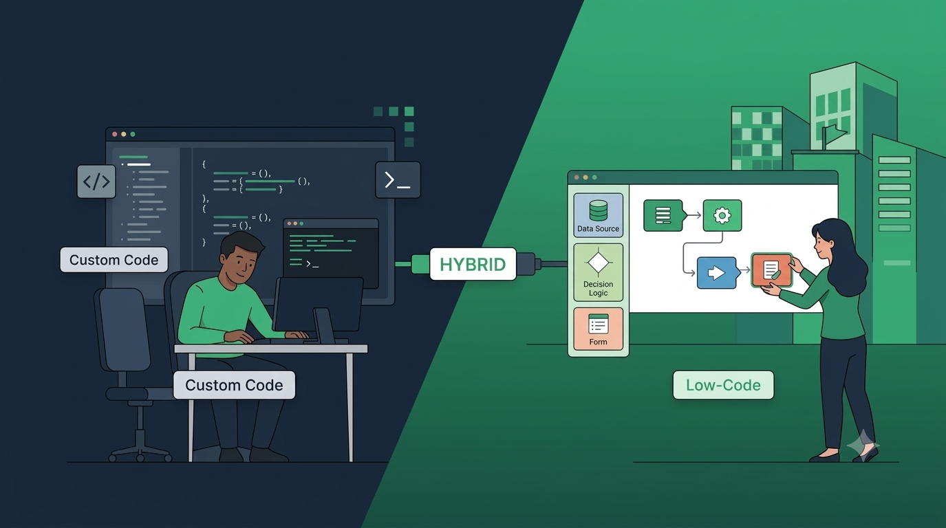 Flat vector illustration showing custom code development and low-code development joined by a hybrid bridge, in Toadster's green and navy brand palette
