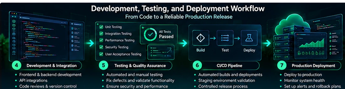 Software development workflow connecting code integration, quality assurance, continuous integration and delivery, production deployment, and monitoring.