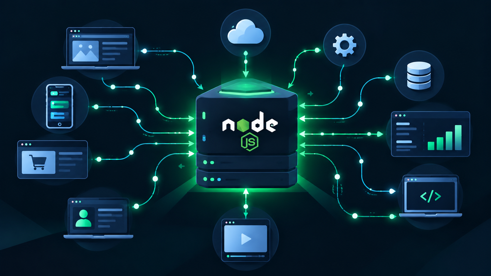 Illustration representing Node.js event-driven backend handling concurrent requests